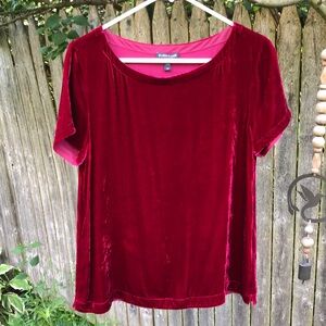 S Eileen Fisher Silk Velvet Red Burgundy Short Sleeve Top Blouse